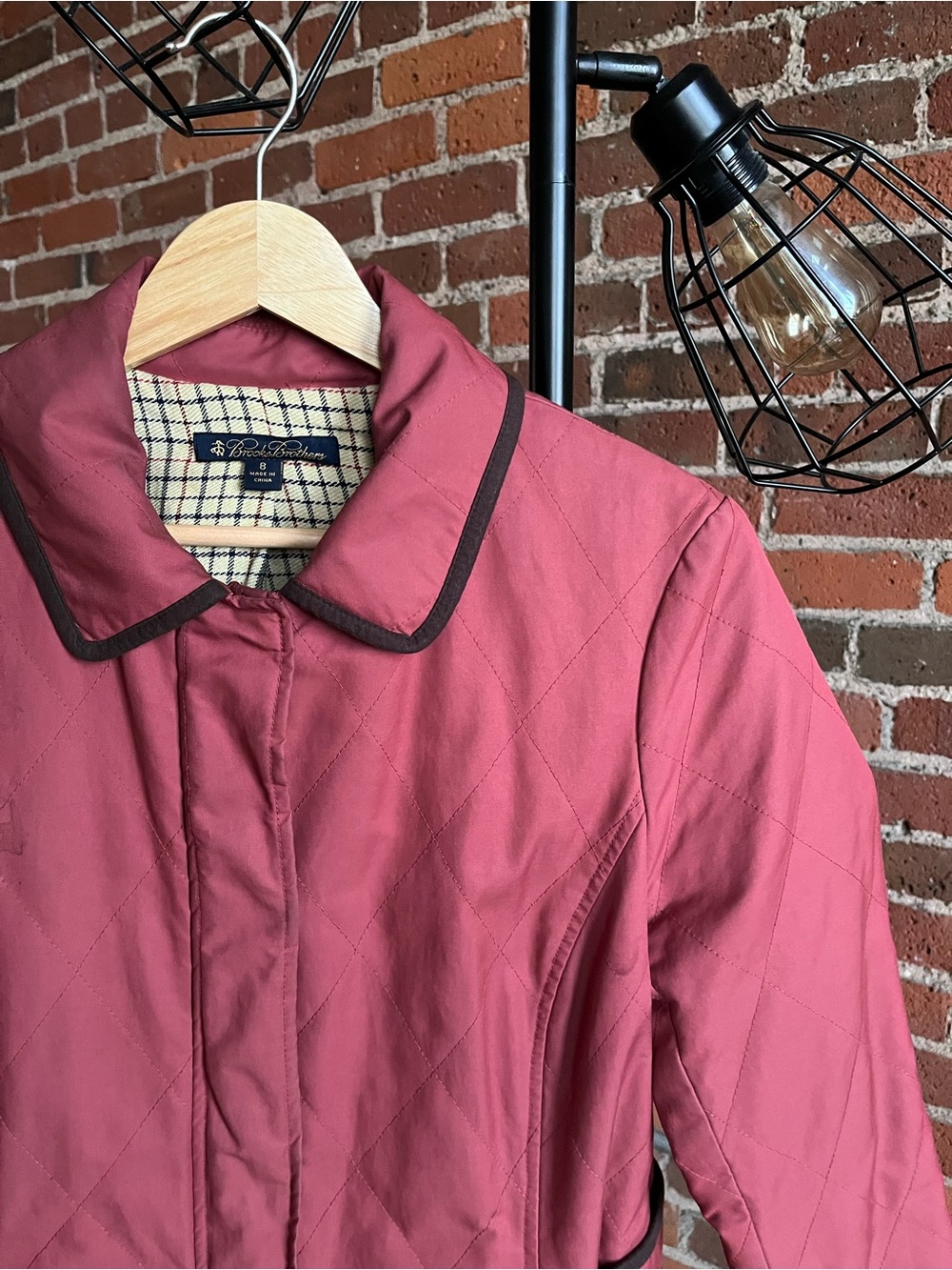 Brooks Brothers Quilted Rose-Pink Puffer Jacket with Dark Trim